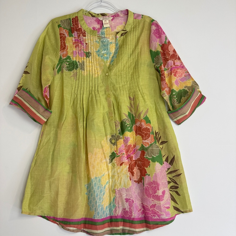 Sundance Floral Pintuck Tunic Women Medium Green Multi Cotton Boho 3/4 Sleeve - Picture 2 of 13